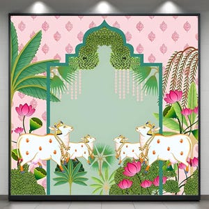 May include: A decorative wall art piece featuring a vibrant illustration. The artwork showcases white cows with gold accents, surrounded by lush greenery, pink lotus flowers, and a decorative archway. The background is a soft pink with repeating patterns.