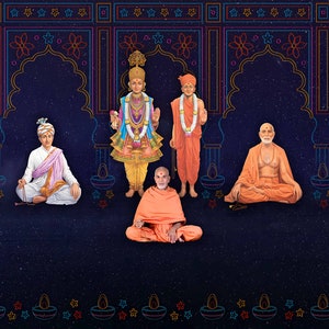 May include: A group of seven people are sitting in a meditative pose on a dark blue background with a decorative pattern of arches and stars. The people are wearing orange and white robes. The central figure is wearing a yellow and blue robe and a crown.