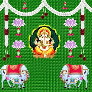 Painel decorativo para puja com estampa de folha de coco trançada, flor de lótus pendente, duas vacas e Ganesha Ji. Tamanho: 5x8 pés (1,5x2,4 metros).