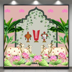 Thirunaamam shanku Chakra namam Lord Vishnu Balaji design Pano de fundo para decoração Pooja Tradicional/cortina de fundo tamanho (8x8) pés