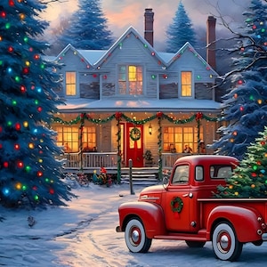 Puede incluir: Una camioneta roja vintage con un árbol de Navidad en la caja, estacionada frente a una casa cubierta de nieve y decorada con luces navideñas. La casa tiene un porche con una puerta roja y una corona. Hay dos árboles de Navidad en el jardín, uno a cada lado de la camioneta.