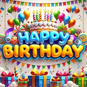 Pode incluir: Uma cena festiva de aniversário com balões coloridos, confetes e um bolo com velas acesas. As palavras "HAPPY BIRTHAY" são exibidas em azul e amarelo. Caixas de presente com laços e decorações coloridas completam o ambiente festivo.