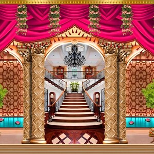 May include: An ornate stage backdrop with a grand staircase and gold columns. The scene is framed by vibrant pink curtains and features green trees and floral arrangements. The design creates an elegant and luxurious atmosphere.