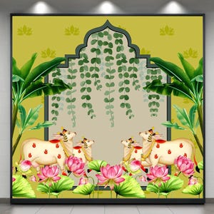 Painel de fundo tradicional para decoração de Pooja / Cortina de fundo tradicional para Pooja, tamanho (8x8) pés