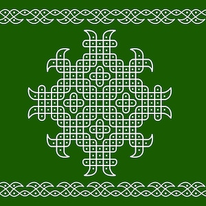 Pode incluir: Um fundo retangular verde com um padrão geométrico central branco composto por linhas e pontos interligados, rodeado por uma borda decorativa contínua de formas curvas e pontos brancos repetidos ao longo de todos os quatro lados.