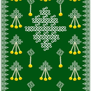 Pode incluir: Um fundo verde com um design branco intrincado no centro. O design é composto por múltiplos nós e laços. Há designs brancos menores com flores amarelas penduradas neles nas laterais e na parte inferior da imagem.