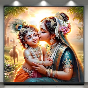 May include: A digital painting of a mother kissing a child, both adorned in ornate jewelry and traditional Indian attire. The child wears a peacock feather in their hair. A deer stands in the background near a building.