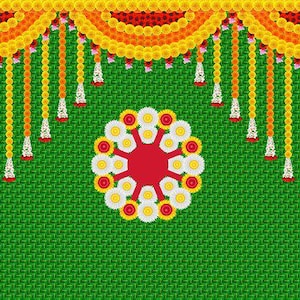 May include: A colourful floral decoration against a green backdrop. The design includes garlands of yellow, orange, and red flowers, with white and red accents. A central circular floral arrangement is also present.