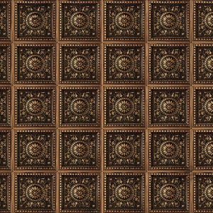 May include: A repeating pattern of square ceiling tiles in bronze and dark brown. Each tile has a central floral medallion design surrounded by ornate detailing. The tiles are arranged in a grid pattern.
