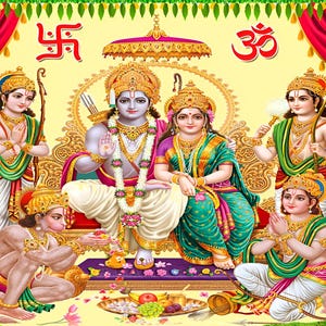 Pode incluir: Uma ilustração vibrante que retrata divindades e figuras hindus. As figuras centrais estão sentadas, adornadas com coroas e joias ornamentadas. Elas são cercadas por outras figuras, tudo em um fundo de cortinas vermelhas e elementos decorativos. A imagem tem uma estética brilhante e colorida.