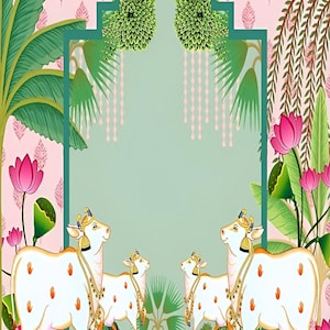 May include: A colourful illustration depicting white cows with gold detailing and crowns, set against a backdrop of lush greenery, pink lotus flowers, and a decorative archway. The background has a pink floral pattern.