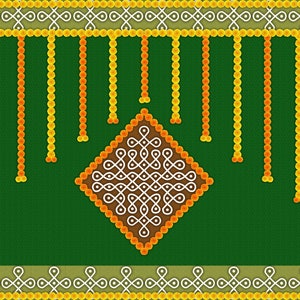 May include: A green background with a diamond-shaped design in the centre. The diamond is made of orange and white flower petals. The background is decorated with yellow and orange flower garlands.