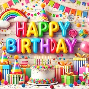 Pode incluir: Uma cena de aniversário colorida com um fundo de parede de tijolos. A imagem apresenta um arco-íris, balões, chapéus de festa, presentes embrulhados e um bolo de aniversário com velas acesas. As palavras "HAPPY BIRTHDAY" são exibidas em letras grandes e vibrantes.
