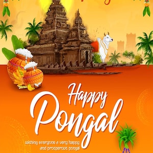 Pode incluir: Ilustração vibrante em laranja e amarelo com o texto "Happy Pongal". A imagem apresenta um templo, um touro branco e panelas tradicionais de Pongal. Elementos decorativos incluem guirlandas e palmeiras, celebrando o festival da colheita.