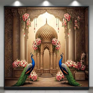 Pode incluir: Impressão de arte digital com um cenário arquitetônico detalhado com uma estrutura em cúpula e arcos, adornada com flores cor-de-rosa. Dois pavões com plumagem azul e verde estão simetricamente posicionados.