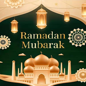 May include: A festive Ramadan Mubarak greeting card design. The image features a mosque with golden domes, minarets, and hanging lanterns. The words "Ramadan Mubarak" are written in gold against a dark green background, with decorative floral and geometric elements.