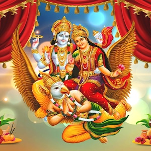 Pode incluir: Uma vibrante ilustração digital retratando divindades hindus. As figuras centrais, adornadas com joias de ouro, estão sentadas em uma criatura alada. O fundo apresenta cortinas vermelhas com acabamentos dourados e elementos decorativos.