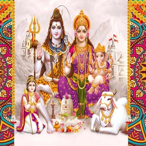 Pode incluir: Uma ilustração vibrante de divindades hindus, incluindo Shiva, Parvati, Ganesha e outros, em uma composição colorida e detalhada. A obra apresenta padrões ornamentados e uma vaca branca, com uma borda decorativa.