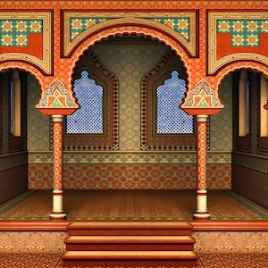 Può includere: Un arco decorativo con intricate piastrelle in tonalità di rosso, arancio e giallo. L'arco è incorniciato da due pilastri e conduce a una stanza con pavimento piastrellato.