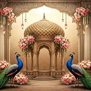 Pode incluir: Cena pintada digitalmente com dois pavões com plumagem azul e verde. O fundo inclui uma estrutura em cúpula, arranjos florais e detalhes arquitetônicos em tons quentes, criando um ambiente régio.