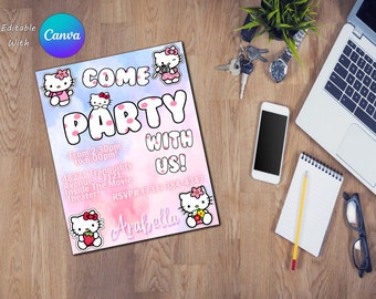 Invitation Kitty Birthday Template Digital Download || Editable with Canva || Instant Download || KenyonDigital