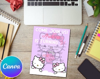 Invitation Kitty Birthday Template Digital Download || Editable with Canva || Instant Download || KenyonDigital