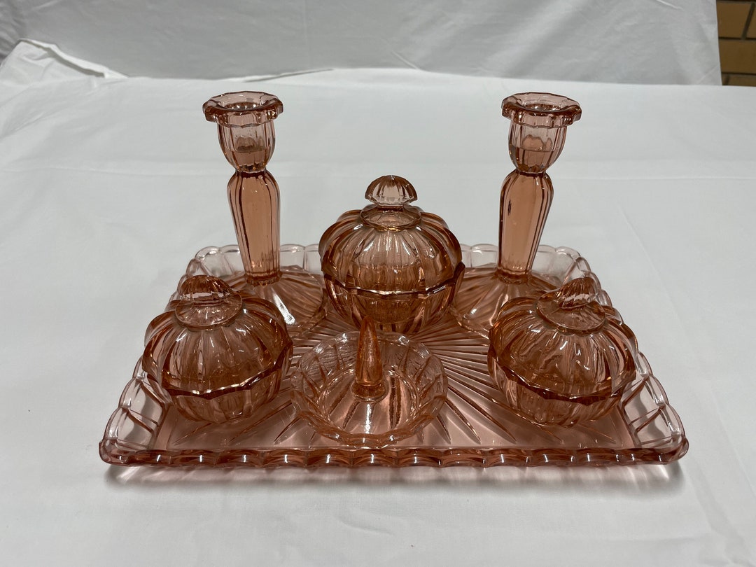 Art Deco Pressed Pink Glass Dressing Table Set. Brockwitz Etsy