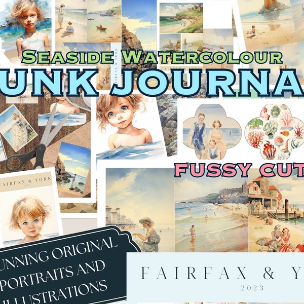 Junk Journal, Kit, Watercolour Seaside, Cottagecore, Shabby beach, Watercolour, Vintage Aesthetic,Fussy Cuts, Printable, Digital Download
