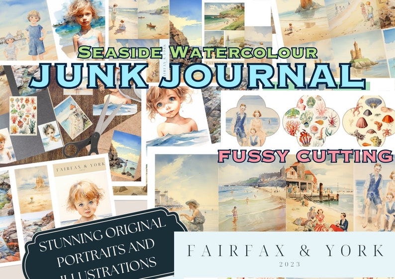 Junk Journal, Kit, Watercolour Seaside, Cottagecore, Shabby beach, Watercolour, Vintage Aesthetic,Fussy Cuts, Printable, Digital Download image 1