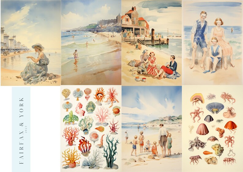 Junk Journal, Kit, Watercolour Seaside, Cottagecore, Shabby beach, Watercolour, Vintage Aesthetic,Fussy Cuts, Printable, Digital Download image 4