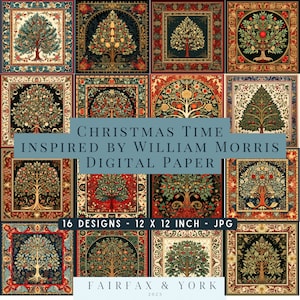 16 Carta fantasia ispirata a William Morris, albero di Natale William Morris, carta digitale, creazione di carta botanica, carta fiorentina digitale