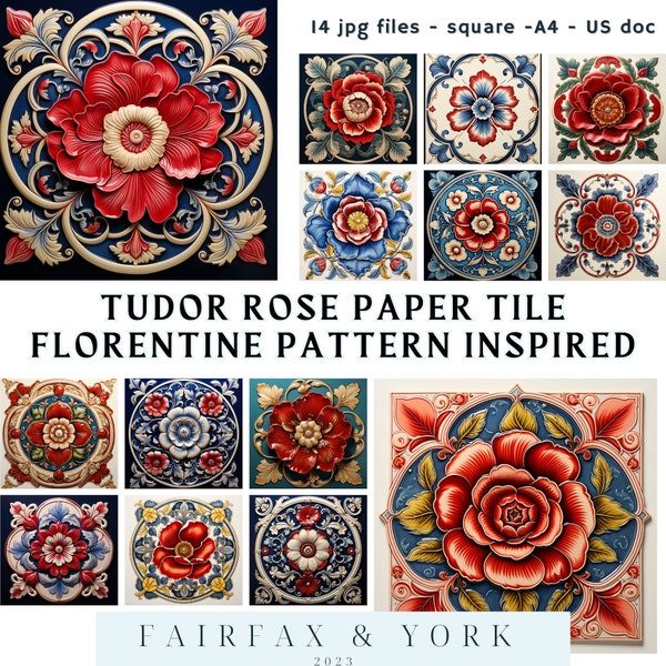 Tudor Rose Paper Tile, florentine digital paper, florentine Roses, paper craft, digital florentine paper, renaissance paper, Roses