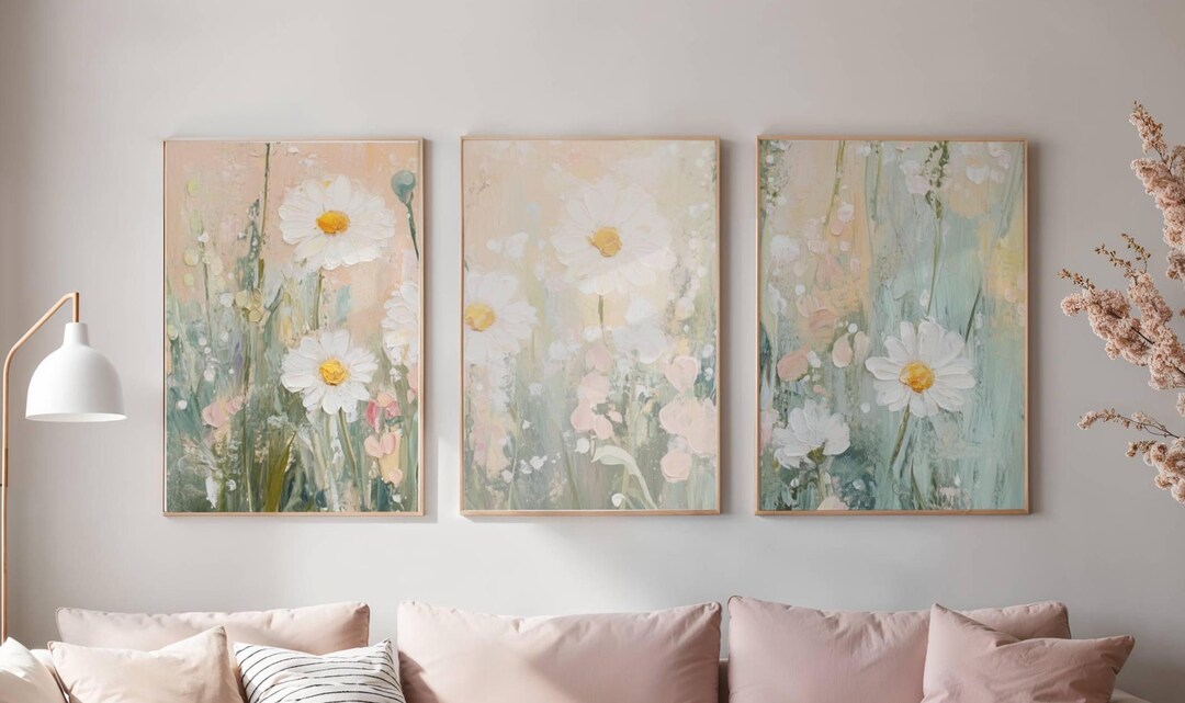 Daisy Triptych Wall Art | Spring Floral Print Set | Pastel Botanical ...