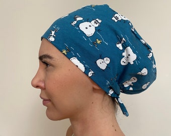 Blue With Snowman Funny  Surgical  Soft Cotton  Scrub Caps for Women and Men-Surgical Ponytail  Caps - Adjustable, Ear Friendly Skull Cap