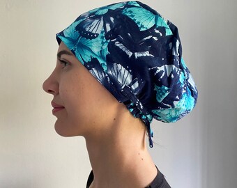 Butterfly Green Blue Pattern Funny Soft Cotton Scrub Caps for Women and Men-Surgical Ponytail Cap-Adjustable, Ear Friendly Skull Cap