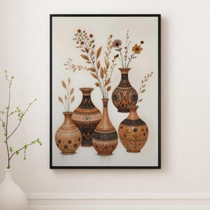 Arte de pared con jarrón bohemio imprimible, impresión botánica de cerámica neutra, descarga digital floral de terracota, decoración escandinava en tonos tierra