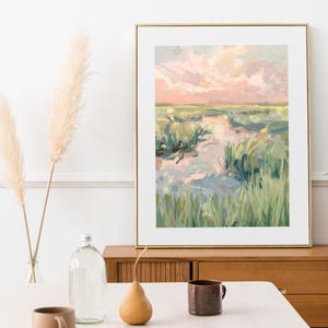 Art imprimable paysage coucher de soleil | Impression d&#39;art mural aquarelle côtière du Lowcountry de la Caroline | Art imprimable vert et rose.