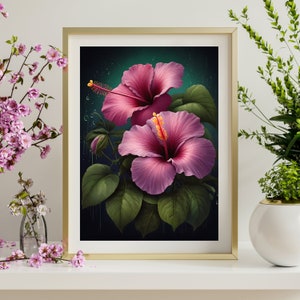 Pink Hibiscus Flower Art Print: Tropical Botanical Illustration (Digital Download)