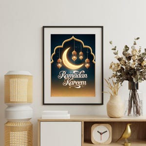 Ramadan Kareem Printable Wall Art, Islamic Digital Print, Crescent Moon And Lanterns, Muslim Home Artwork, Instant Download