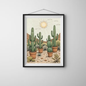 Wüste Kaktus druckbare Wandkunst, südwestlichen Boho Pflanze Kunstdruck, Kaktus Dekor, sonnige Wüstenlandschaft digitaler Download, Kaktus Poster