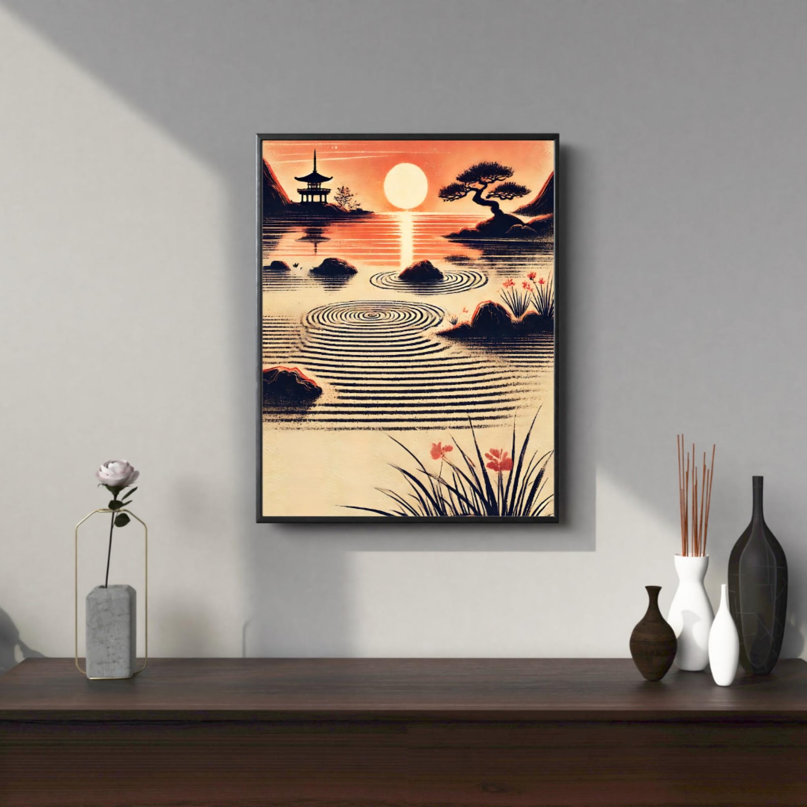 Japanese Zen Garden Wall Art Print, Minimalist Asian Landscape, Sunset ...