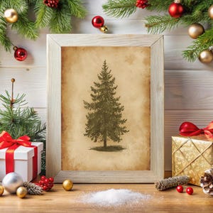 Printable Vintage Christmas Tree print, moody rustic wall art, Neutral Home Decor Printable, Antique-Style Evergreen Downloadable.