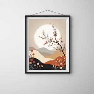Serene Moon Landschaft druckbare Wandkunst, minimale botanische Natur Poster, Erdton Blüten digitaler Download, elegantes beige & taupe Dekor