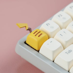 May include: A yellow keycap with a brown lightning bolt design. The keycap is on a white keyboard with keys labeled "F1", "F2", "Tab", and "1!"