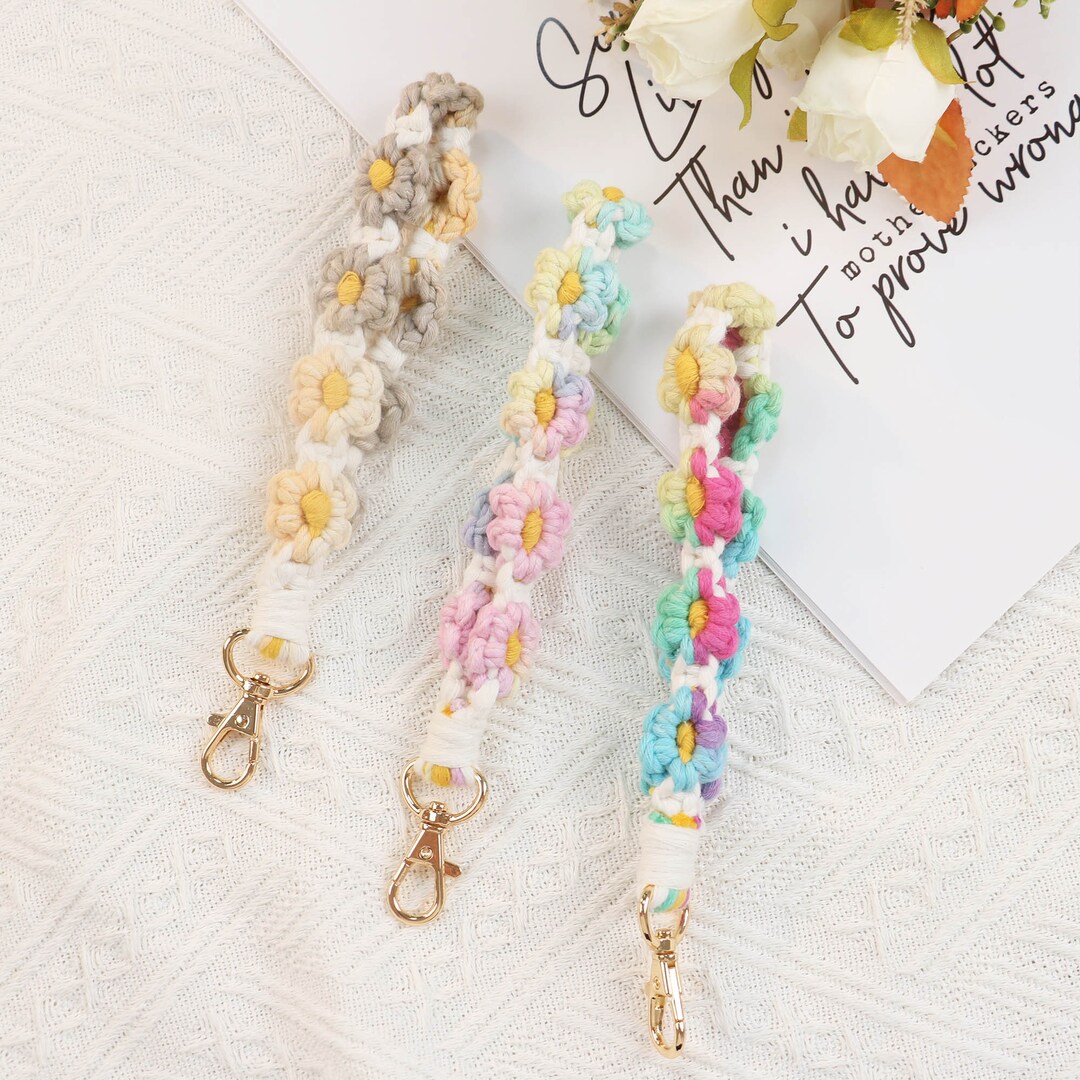 Boho Rose Flower Keychain Wristlet - Handmade Macrame Lanyard For Keys, Cute Gift For Women - View #5