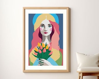 Vibrant Abstract Lady & Tulip Art, Contemporary Wall Decor, Modern Home Decoration, Mid Century Print