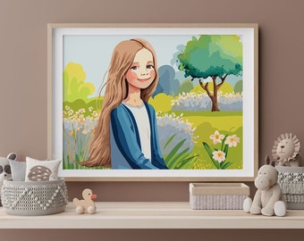Retrato de menina em aquarela: arte de parede para quarto de bebê (download digital)