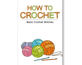 May include: A book cover with the title "HOW TO CROCHET" in brown and green letters. The subtitle is "Basic Crochet Stitches". The cover features an illustration of colourful yarn balls and crochet hooks.