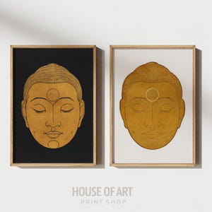 Buddha Wall Art Set, Zen Wall Art, Gold Woodblock Prints, Buddha Painting, Asian Wall Art, Buddha Poster, Yin Yang Art, Yoga Studio Decor image 1