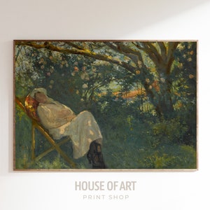 May include: A painting of a person reclining in a wooden chair in a garden setting. The person is wearing a white dress and is surrounded by lush greenery and blooming flowers. The painting has a soft, Impressionistic style.
